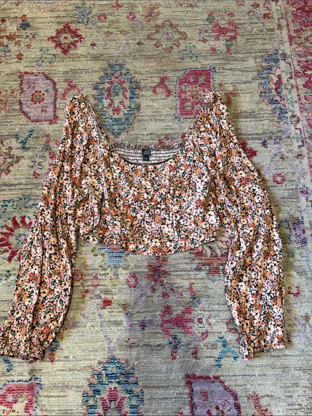 wild fable Floral Puff-Sleeve Crop Top - Pink & Peach